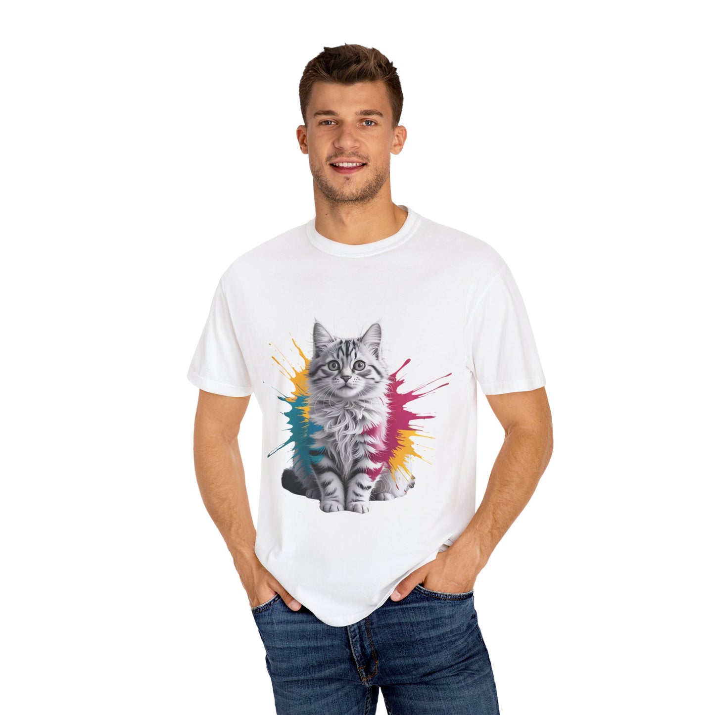Colorful Cat Graphic Tee for Animal Lovers, Unisex Garment-Dyed T-Shirt, Fun Gift, Casual Wear, Pet Lovers, Birthday Gift