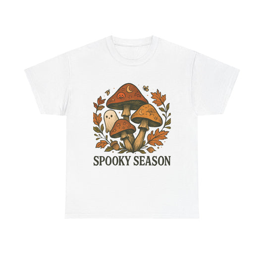 Spooky Season Unisex Heavy Cotton Tee, Fall Fashion Shirt, Halloween Apparel, Mushroom Graphic Tee, Cozy Autumn Wear, Gift for Nature Lovers